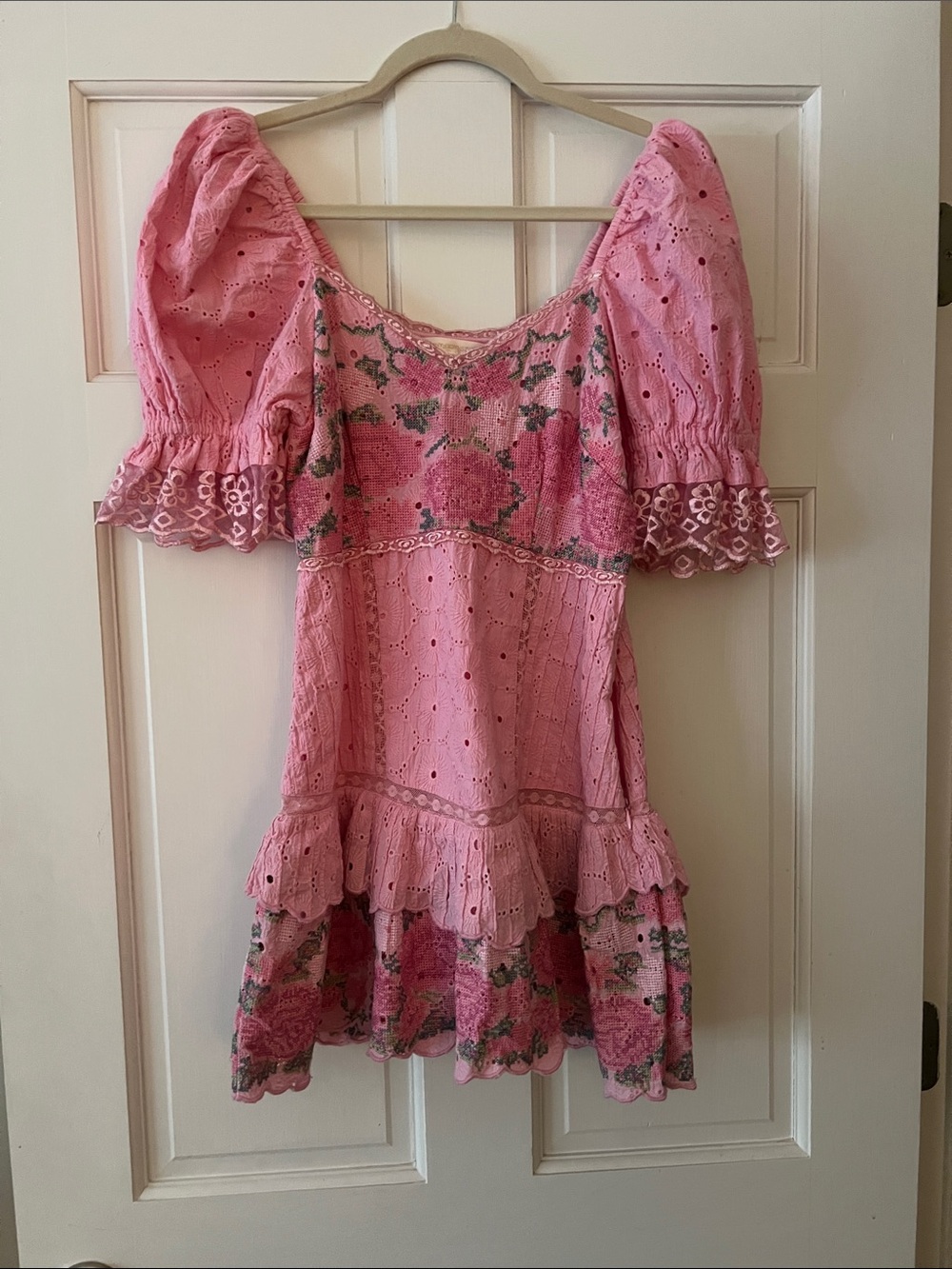 LoveShackFancy Pink Floral Eyelet and needlepoint Puff Sleeve Mini Dress